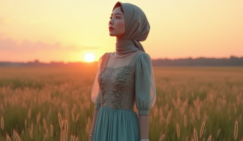  A young Korean woman in a hijab with natural beauty looks slightly away ,  standing in the middle of a vast expanse of meadow .  She wore a luxurious knit dress in light blue and black ,  decorated with layers of floral tiles that gently waved in the wind...