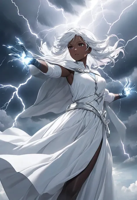 A very beautiful heroine ,  has black skin and long white hair .  She is flying and shooting electric rays through her hands .  In the sky there is a storm with lots of lightning and strong winds. Flowing white clothes.  Cinematic.  high quality . realisti...