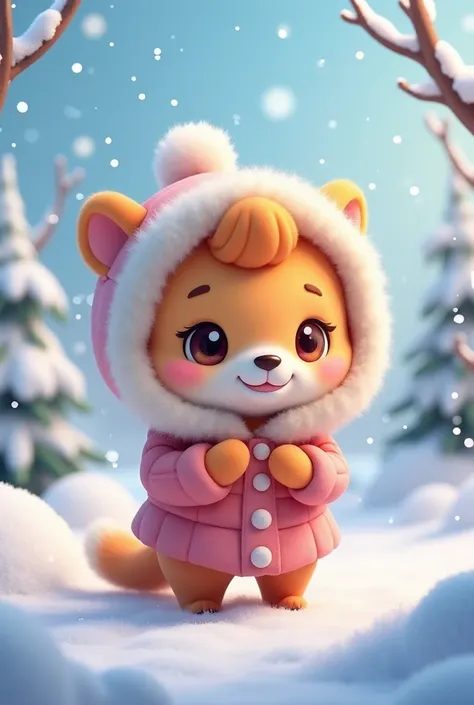 An animated image of an adorable [animal name] designed with exaggerated cuteness and intricate details. The [animal name] is in a snowy setting with soft snow falling around it, surrounded by snow-covered trees and a gentle, glowing winter ambiance. The p...