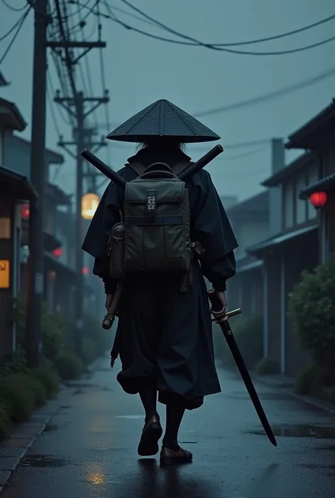  Create a character in samurai clothing ,  a black kasa hat that is straight , not curved . with a katana,  and a cylindrical backpack with his camping tent ,  with a katana on his left side . Walking in the suburbs of modern Japan on a dark and rainy nigh...