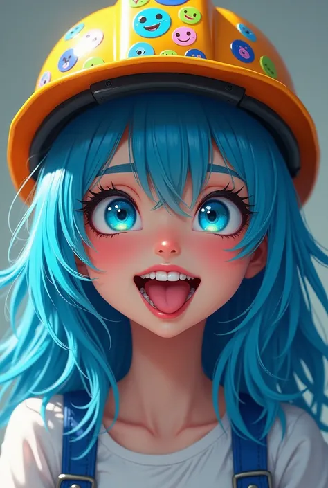 Create a  girl, With blue eyes neon , normal teeth,  blue hair,  lips painted in light blue, tongue stuck out,  workers helmet full of stickers , camisa blanca, Use the realistic style 