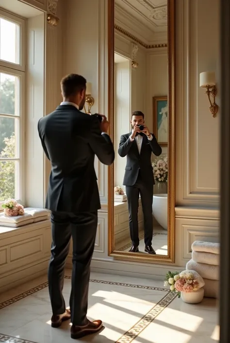 A male person taking a picture in the mirror in an elegant bathroom