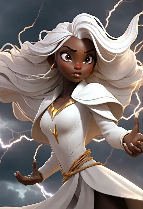 A very beautiful heroine ,  has black skin and long white hair .  She is flying and shooting electric rays through her hands .  In the sky there is a storm with lots of lightning and strong winds. Flowing white clothes.  Cinematic.  high quality . realisti...