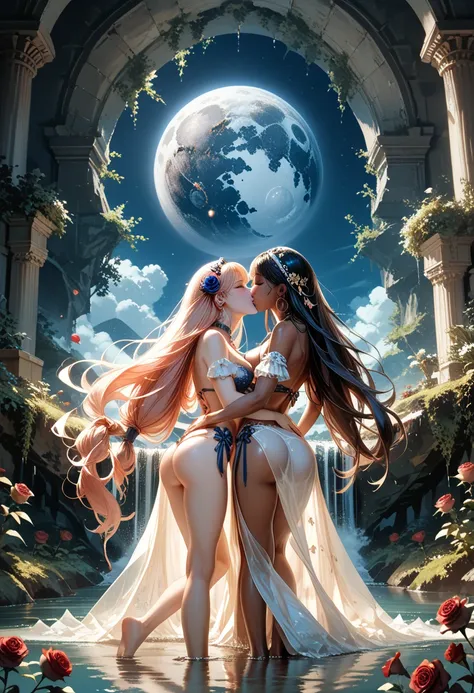   multiracial girls kissing each other caressing their medium buttocks medium breasts cave waterfalls with roses perfume mirrors colors night planets aligned .  very long loose hair moved by the wind reflection of the moon   .Aligned planets full bodies se...