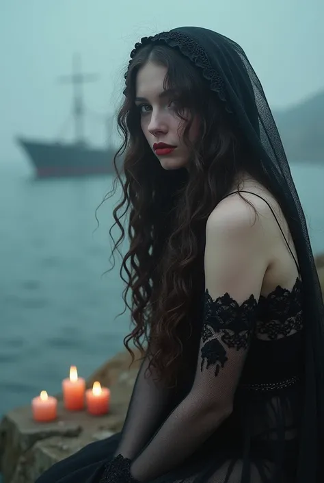  Beautiful Image of a beautiful Gothic woman , long curly hair.  blush, parts,   red lips.   With a thin openwork blanket , embroidered on the head .   sculptural body, delgado, voluptuous, pechos grandes, fine lace, micro mesh fabric  ,  attached to the b...