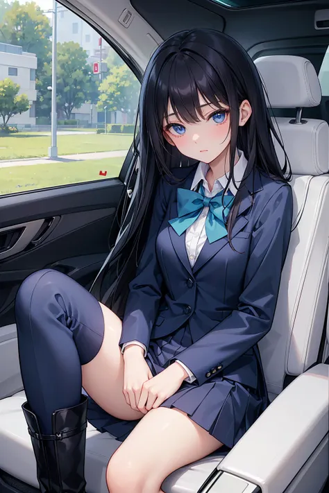 high school student ， Has long, dark hair ， with warm blue eyes ， Wore a fresh blue suit and black boots ， pure white collar and bright green bow 。 has long dark hair and warm blue eyes ， sitting in a car seat ， spread legs