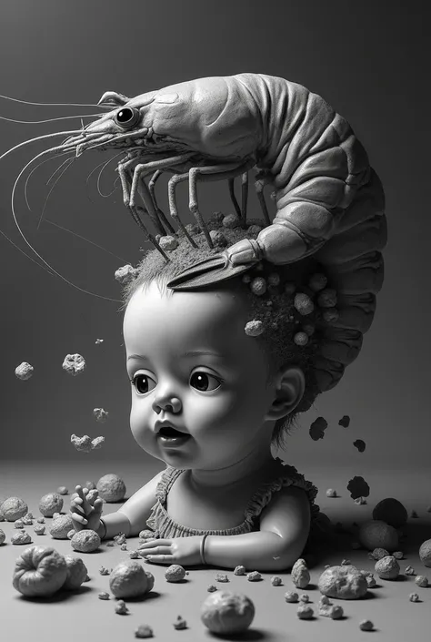 A shrimp coming out of the head of a doll destroying it in real size in black and white
