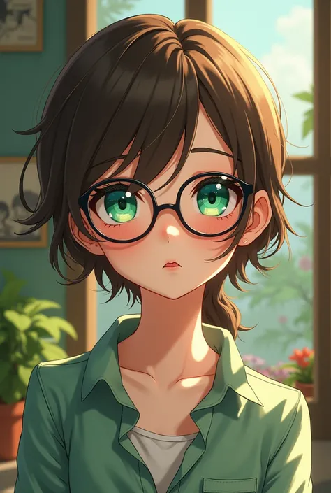 fictional character ( anime style)  with emerald green eyes,  brown hair and a little messy , fair skin and glasses 