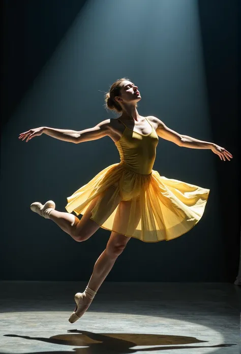 a beautiful ballerina wearing a silk yellow ballet dress is immortalized during a jump. Spotlight from the top, dark ambient. Ethereal motion scene. Shot with a Nikon D850 and a 70mm lens. 