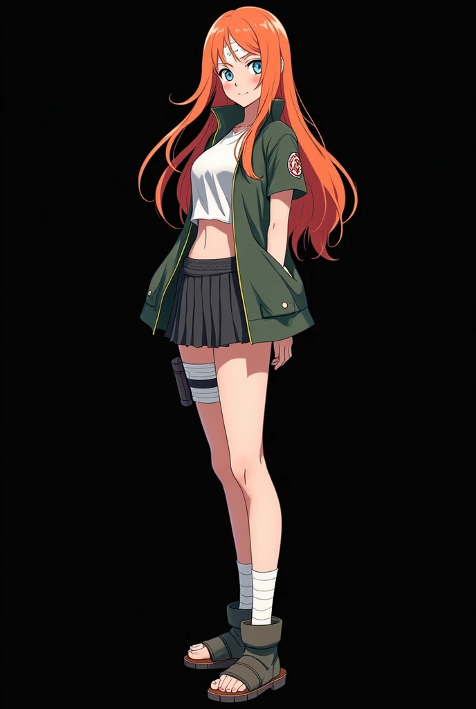 (photonaruto:2.3), Female Character from Naruto, Age: .  with a full body. Designed with the features of the anime Naruto . Height: 1,60 m,  Weight: 50 kg, hair: fire-colored orange plates with two white highlights on the front. loose hair. Light blue-gree...