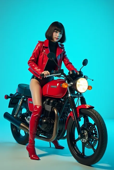  Max Image, high definition , surrealistic depiction background is bright sky blue, 1 color , Japanese woman straddling a parked Japanese motorcycle manufacturer Honda motorcycle,  motorcycle with cowl , Honda logo on motorcycle body tank ,The age of the w...