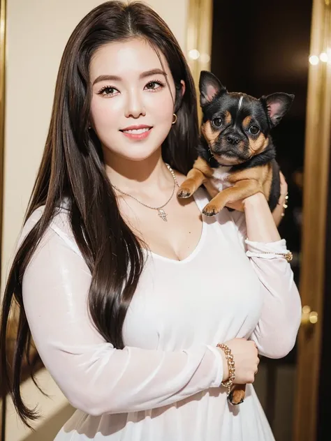 ((((Bbw)))) a woman holding a small dog in her arms, long hair, smile, brown hair, shirt, necklace, bracelet, english text, lips