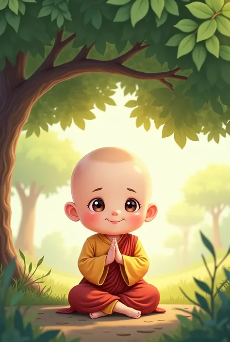 Baby monk, cute, logo, 4k, clean, prayer hands together, colorful, sitting underneath a tree