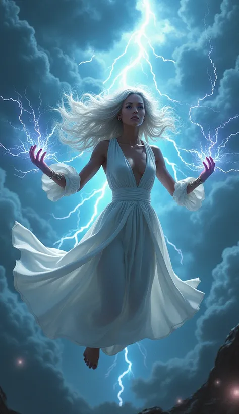 A very beautiful heroine ,  has black skin and long white hair .  She is flying and shooting electric rays through her hands .  In the sky there is a storm with lots of lightning and strong winds. Flowing white clothes.  Cinematic.  high quality . realisti...