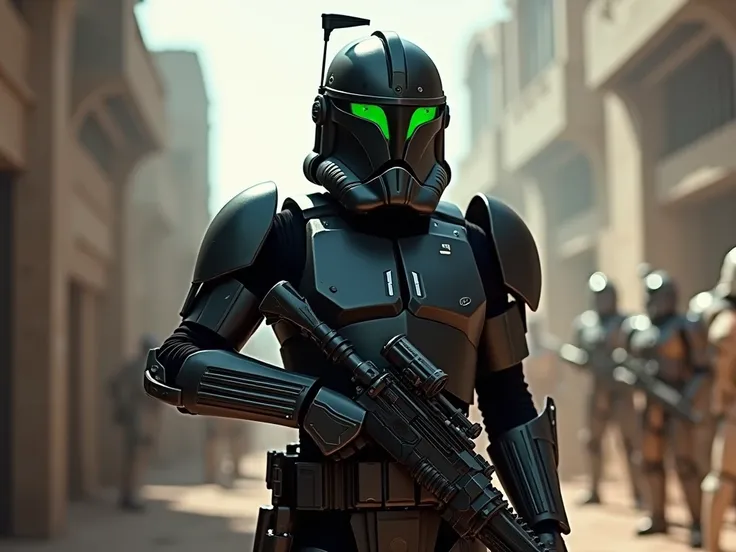 Draw a fighter of the Grand Army of the Republic , a Star Wars commando clone wearing black catarna-class armor and a green visor