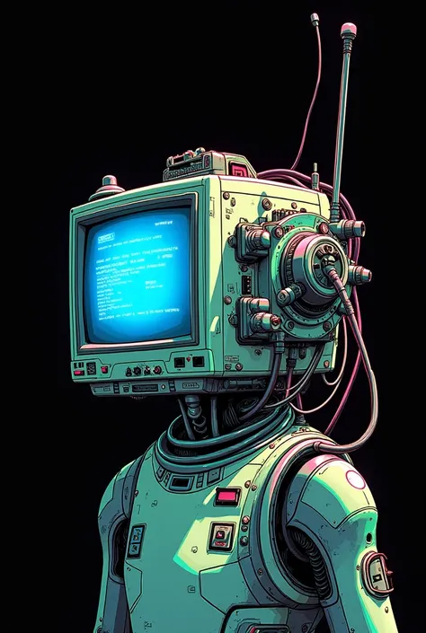 "A detailed illustration of a **futuristic robot-niji figure with elements of cybernetics**. In place of the head, there is a complex electronic device, composed of various technological components. Include an old CRT monitor displaying blue pixelated text...