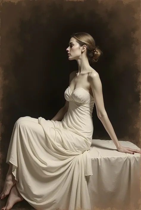 (white charcoal on dark brown paper) (full body view)  drawing of a woman in a white dress sitting on a bed, a fine art by Zou Zhe, trending on pixabay, figurative art, sensual, wlop  style, hue, , figurative , style of pino daeni