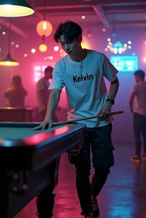 A handsome young Korean boy with clean hair wears a white T-shirt with the inscription Kelvin on black cargo pants , sneakers ,  is playing billiards merrily in a bar , view towards the camera ,Fulhd High Ratio Night  