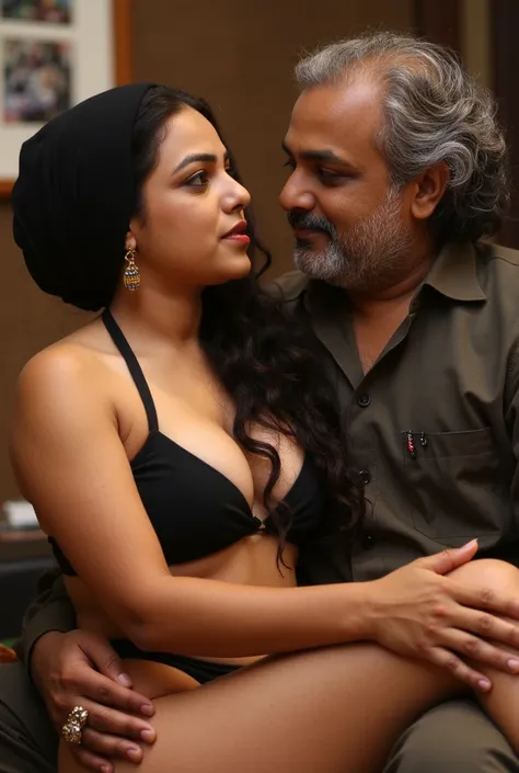 An mature indian Muslim woman wearing black bikini and hijab very deep clevage sitting on lap of an old hindu pandit

