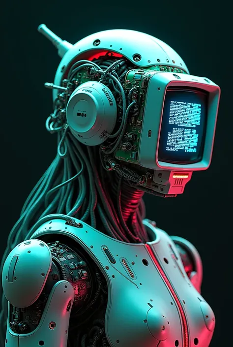 "A detailed illustration of a **futuristic robot-niji figure with elements of cybernetics**. In place of the head, there is a complex electronic device, composed of various technological components. Include an old CRT monitor displaying blue pixelated text...