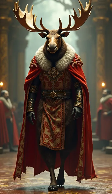 Moose with a humanoid body in ultra realistic king clothes walking 