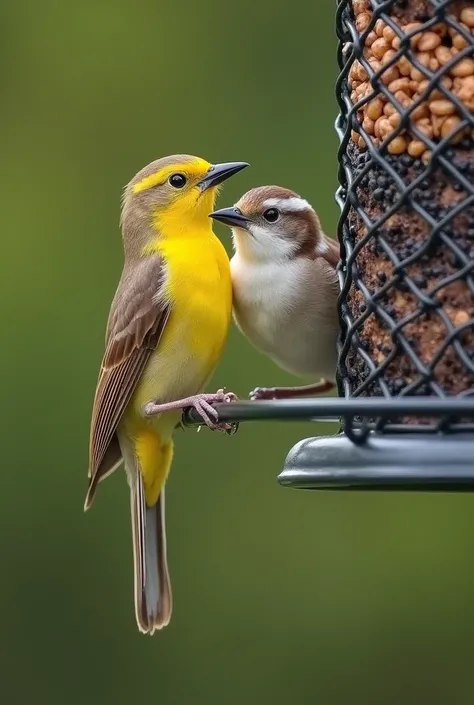 High quality photograph of two grackets and a golden plester on a birdfeeder.