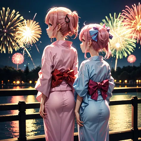  , Pink color yukata,  back view, Its high definition  , The background is fireworks ,  pale pink twin tails, 1人の女の子, ヘアフラワー, 