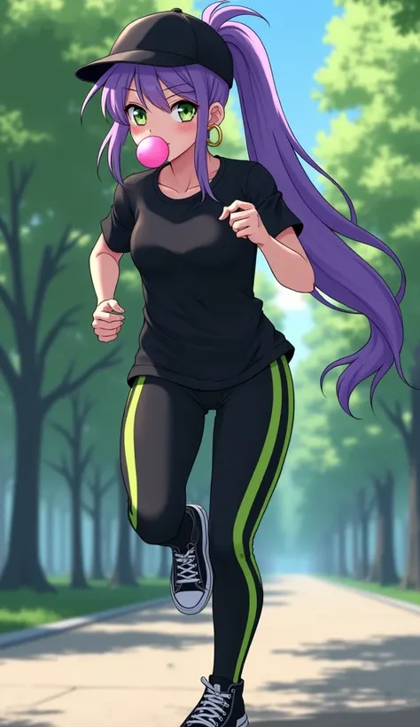 (masterpiece), best quality, (older female, onee-sama, in her 20s), white skin, very tall, very thin, athletic, fit, toned musculature, (long purple hair:1.3, ponytail extension, messy spiked bangs), (black baseball cap), big gilded loop earrings, thin eye...