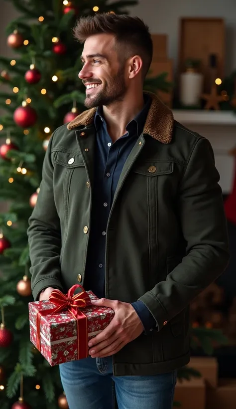  Spectacular handsome Greek man , muscular, with tight jeans,  strong and muscular legs big bump , great detail,  with spectacular fashion jacket in fashion , with a gift in his hands ,  smiling background with real Christmas pine  , muy guapo 29 años de e...