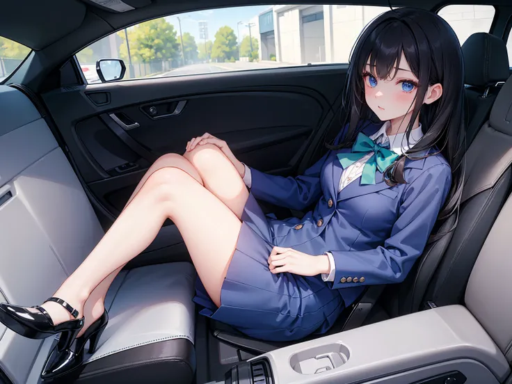 high school student ， Has long, dark hair ， with warm blue eyes ， Wore a fresh blue suit and black heels ， pure white collar and bright green bow 。 has long dark hair and warm blue eyes ， sitting in a car seat ， spread legs