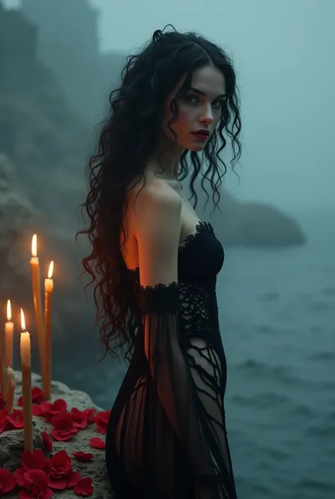  Beautiful Image of a beautiful Gothic woman, long curly hair.  blush, parts,   red lips.   With a thin openwork blanket , embroidered on the head .   sculptural body, delgado, voluptuous, pechos grandes, fine lace, micro mesh fabric  ,  attached to the bo...