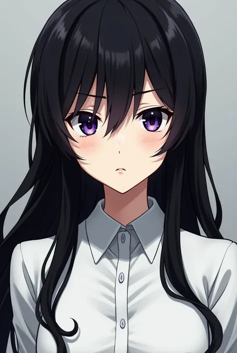 Beautiful anime girl with black long hair with bangs, deadpanned black eyes that has a dark purple line in each eye. Having a scowl in her face, wearing a white buttoned up blouse. The anime art style is like the art style of Jujutsu Kaisen