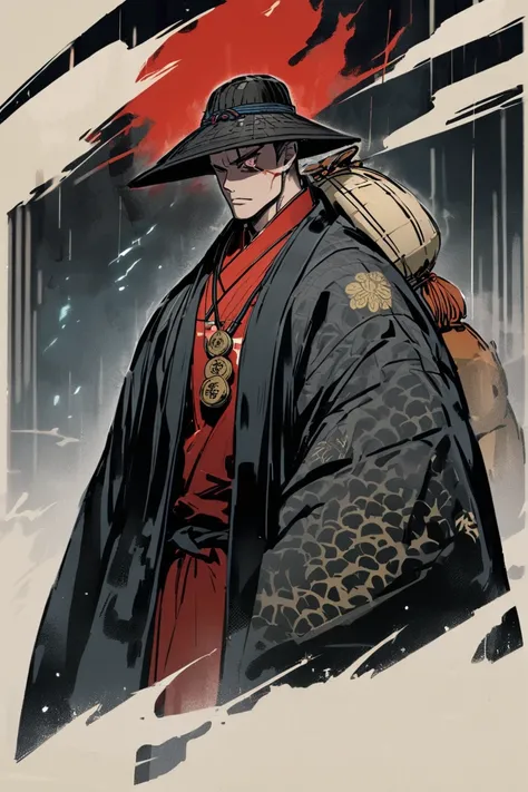 create a character,  with a scar on his eye, tall and muscular,  with black embroidered samurai clothing .  And a necklace of a Chinese cash coin around his neck ,  a large black kasa hat that is straight , not curved . with a katana,  and a cylindrical ba...