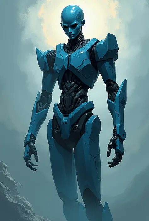 In the style of JoJos Bizarre Adventure: a half-robotic humanoid stand with a design that represents sadness, In shades of blue only 