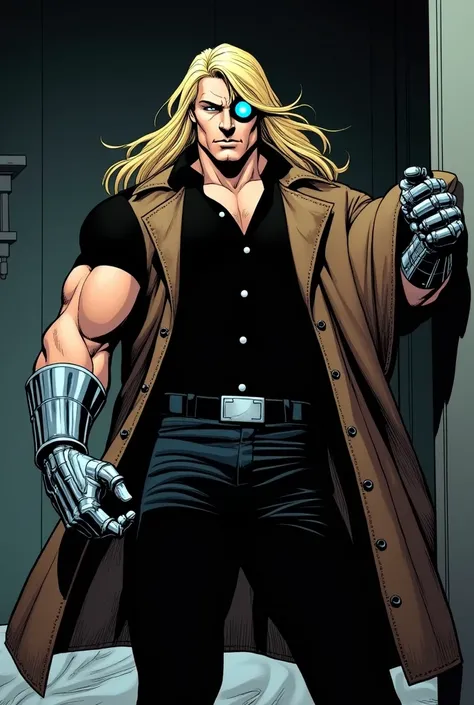  Make a comic book character , strong, muscular long-haired blond , robotic hands,  with the right eye glowing blue wearing a black dress shirt with buttons ,  black pants .  Be reaching out to pick up a brown leather overcoat that is exposed.  The surroun...