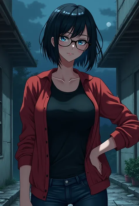  black hair, medium hair,Light blue eyes, pretty girl,cool, boyish,Neutral, Tall,Muscular, pure white skin,Glasses girl, Im wearing black-framed glasses , black long sleeve t-shirt , Im wearing a red cardigan over my t-shirt,Im wearing black jeans , anime ...