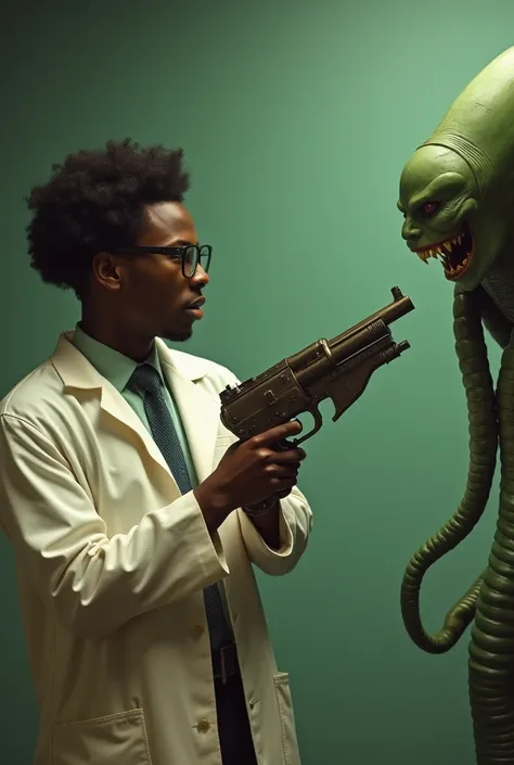 High-quality photograph of a handsome but nerdy young Black scientist holding an art deco raygun. He is pointing it at a creature that is mostly out of the picture to the right, but which extends a long green tentacle towards the scientist.