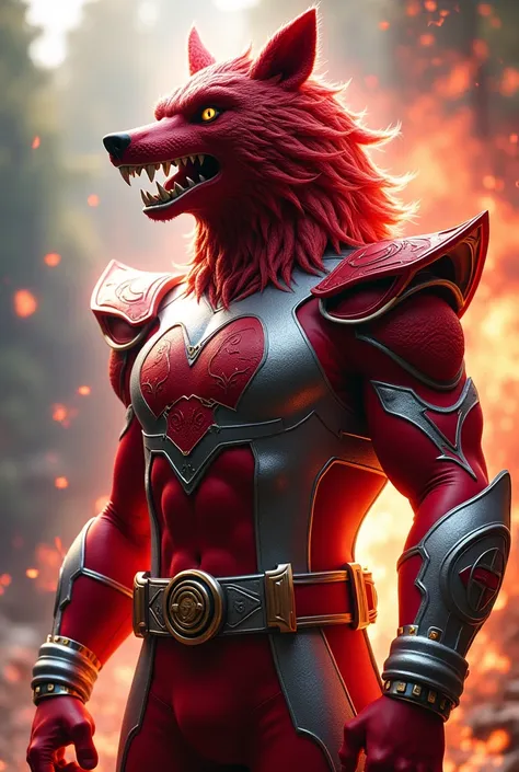 Red Power Ranger with wolf helmet theme, full body details