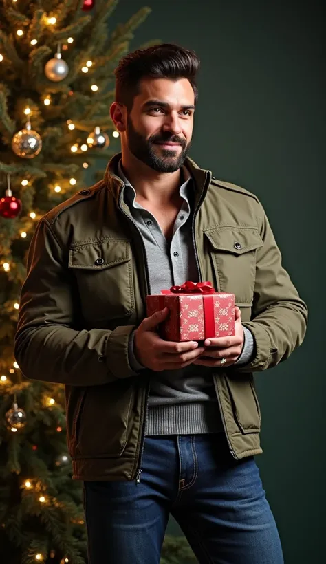  Spectacular handsome Greek man , muscular, with tight jeans,  strong and muscular legs big bump , great detail,  with spectacular fashion jacket in fashion , with a gift in his hands ,  smiling background with real Christmas pine  , muy guapo 29 años de e...