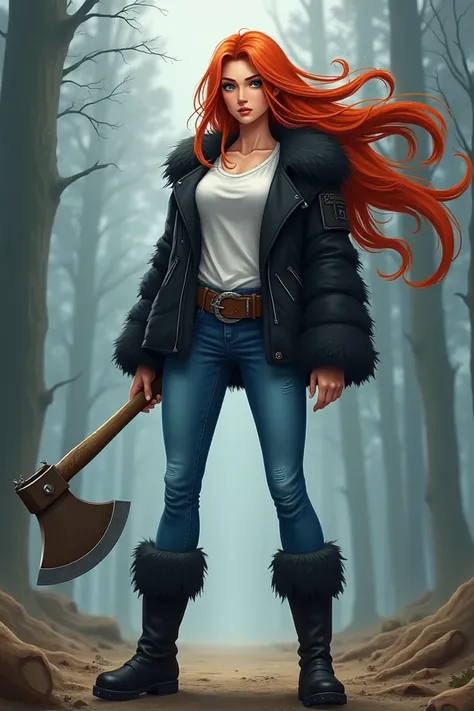 a tall, muscular woman. your skin is fair,  she has blue eyes and long red hair .  She wears a fuzzy black jacket with a white t-shirt underneath.  She wears blue jeans with fuzzy black boots . In your hands,  she holds a lumberjack axe . She smiles innoce...