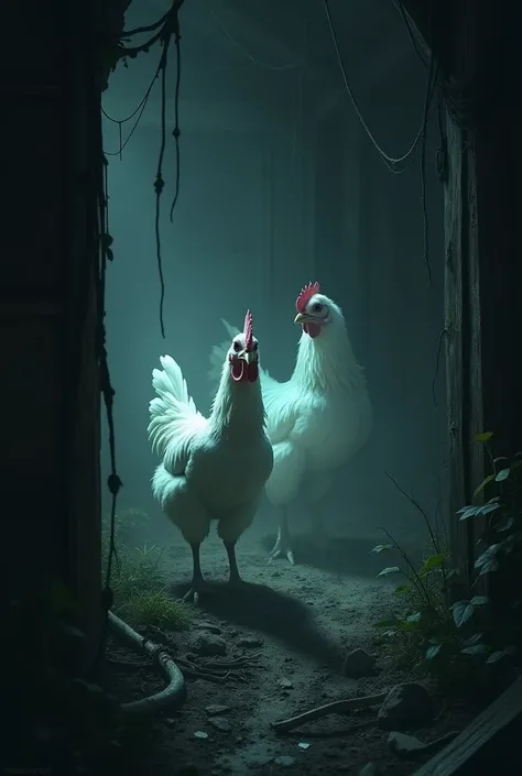 Ghost chickens in the dark of a haunted chicken coop 