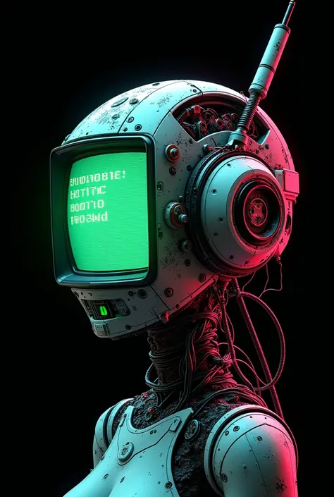 "A extreme detailed illustration of a **futuristic robot-niji figure with elements of cybernetics**. In place of the head, there is a complex electronic device, composed of various technological components. Include an old CRT monitor displaying green pixel...