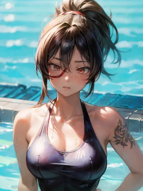 (masterpiece, highest quality:1.2)、(1 girl)、(red Racing-style swimsuit)、(Competitive swimmer), ((swimming goggles)) , (Swimming stadium, spectators) , (eyes half closed)、(lots of drool:1.3)、The body shakes violently、[:(detailed face:1.2):0.2] , (Cute tatto...