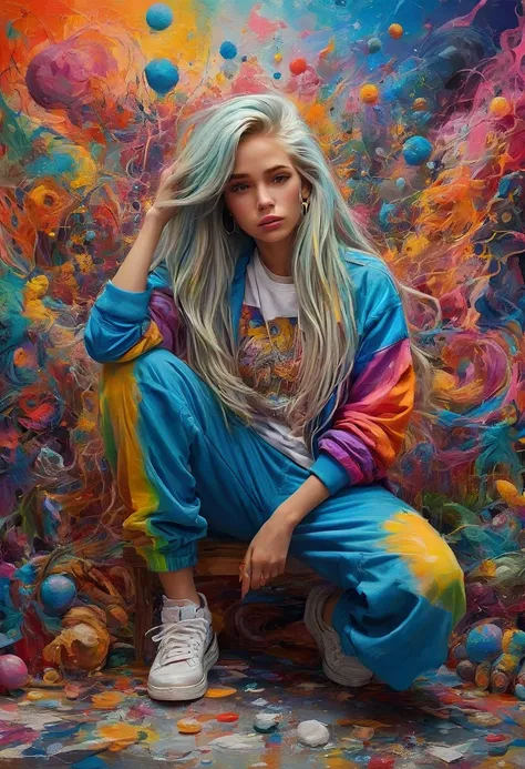 Colorful and catchy hip hop clothes that fully express the  atmosphere of the southern climate, a girl with long, miraculous mesh-colored hair that seems to have a similar world view and colorful passion, and dynamic and expressive art. A painting with a p...