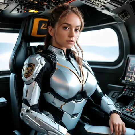 Highly detailed photo of a girl, SF soldier, curvy girl, 25yo, Mech warrior of women mercenary, Hyper huge saggy boobs, (body armored on body suit), wide open chest, sitting like a queen, Stately and dignified, Very dissatisfied look, (headset, Powerful an...