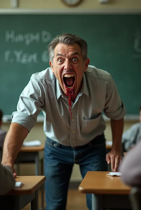 A math teacher teaching in real life and the man is 30 years old and the man has vampire fangs with blood and with his mouth open screaming 