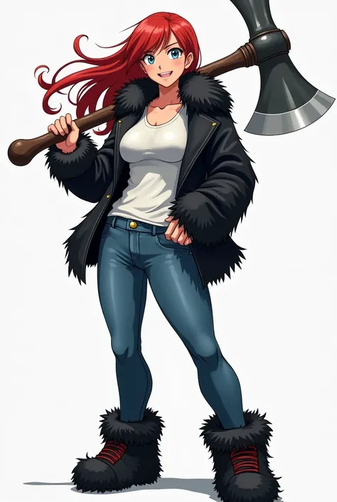 a tall, muscular woman. your skin is fair,  she has blue eyes and long red hair .  She wears a fuzzy black jacket with a white t-shirt underneath.  She wears blue jeans with fuzzy black boots . In your hands,  she holds a two-handed axe resting on her shou...