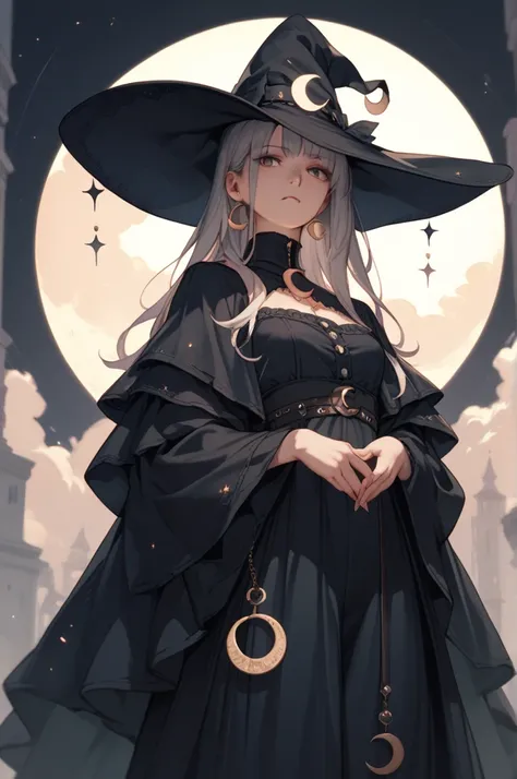 An anime witch infront of a crescent moon