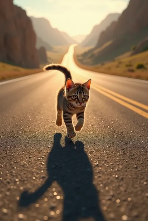  The cutest brown tiger pattern kitten in the world chases the shadow of a big bird reflected on the ground、((Realistic:1.3))、The endless road、 bold composition、Cinematic lighting、(((Shadow of a very big bird )))