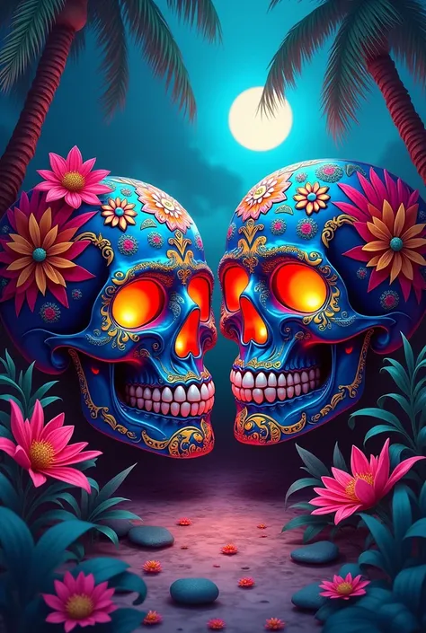 Mexican skulls with flashy tones with romantic aspects of Cancún 
